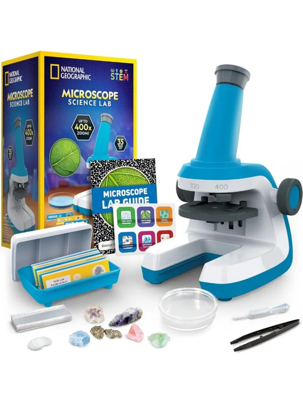 Kids Microscope Science Kit - 400x Zoom, Slides, Rock & Mineral Specimens, STEM